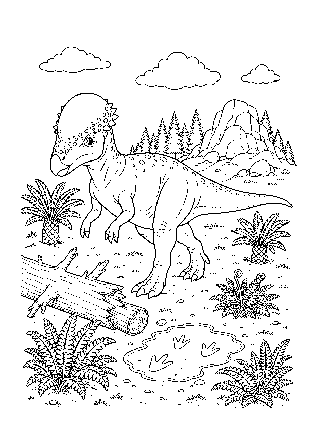 Pachycephalosaurus an der Fährte — Ein Pachycephalosaurus untersucht Fußspuren neben einem umgestürzten Stamm und urzeitlichen Pflanzen.