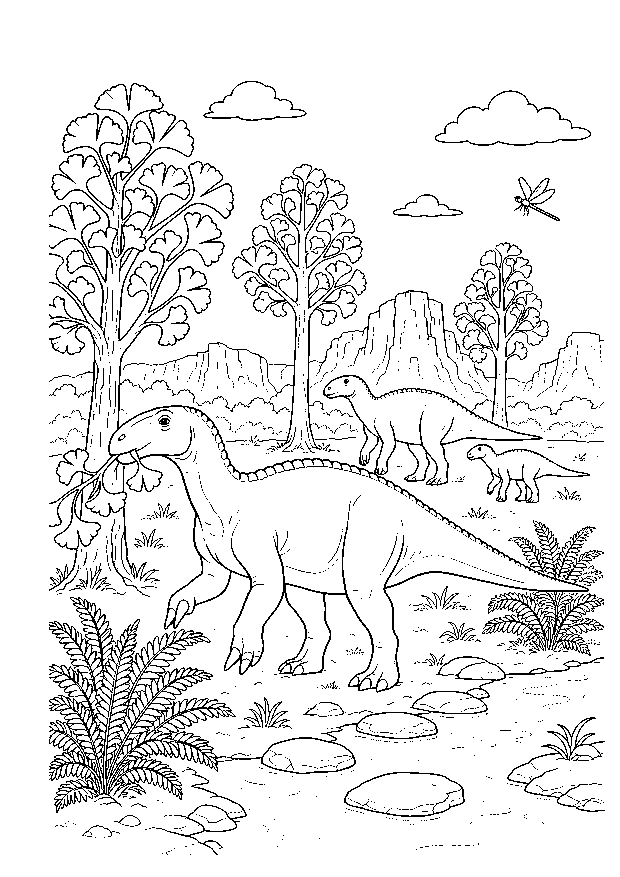 Parasaurolophus am Bach — Ein Parasaurolophus frisst Blätter am Bach, während weitere Tiere durch die Landschaft ziehen.