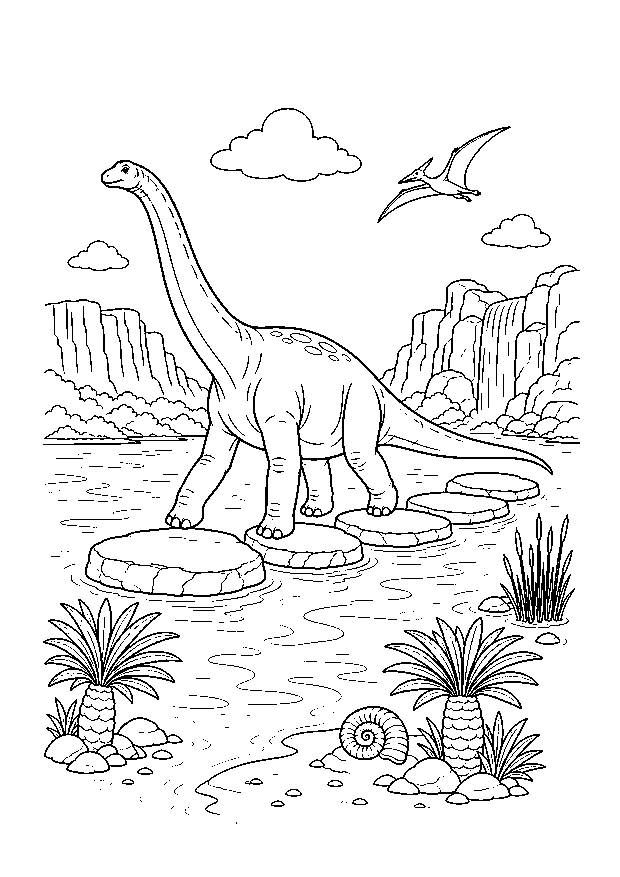Brachiosaurus über den Trittsteinen — Ein Brachiosaurus überquert einen breiten Fluss auf Felsplatten zwischen Pflanzen und Schluchten.