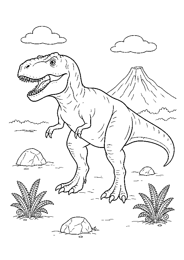 Tyrannosaurus im Urwald — Ein Tyrannosaurus rex läuft mit geöffnetem Maul durch eine weite Lichtung.