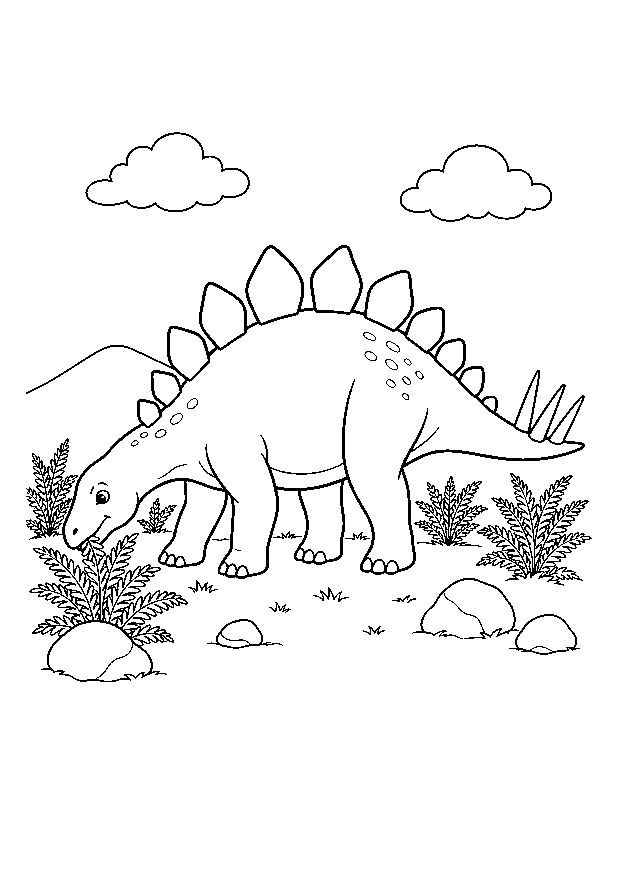 Stegosaurus frisst Farne — Ein Stegosaurus mit großen Rückenplatten frisst Farne zwischen einigen Felsen.