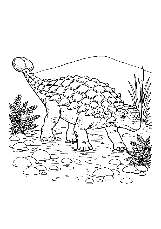 Ankylosaurus am Bach — Ein gepanzerter Ankylosaurus überquert einen flachen Bach zwischen Steinen.