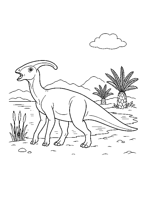 Parasaurolophus am See — Ein Parasaurolophus mit langem Kopfkamm läuft am ruhigen Seeufer.