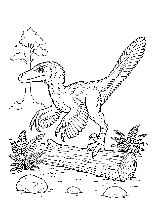 Gefiederter Velociraptor — Ein gefiederter Velociraptor steigt aufmerksam über einen umgestürzten Baumstamm.