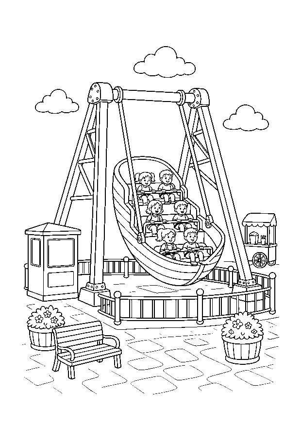 Piratenschiff-Schaukel — Ein großes Piratenschiff schwingt mit mehreren Fahrgästen zwischen Kassenhäuschen, Geländer, Popcornstand und Blumen.