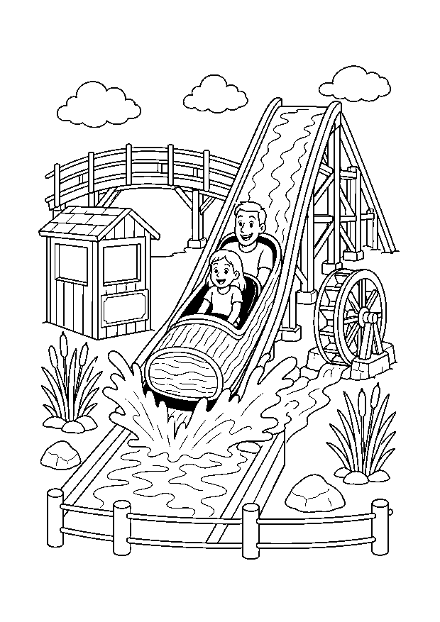 Wildwasserbahn mit großem Spritzer — Zwei Fahrgäste sausen im Baumstammboot die Rinne hinab zwischen Brücke, Wasserrad, Schilf und Kassenhaus.