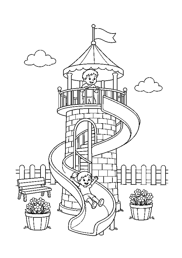 Spiralrutsche am Aussichtsturm — Kinder nutzen eine breite Spiralrutsche an einem kleinen Turm zwischen Fahne, Bank, Zaun und Blumenkübeln.