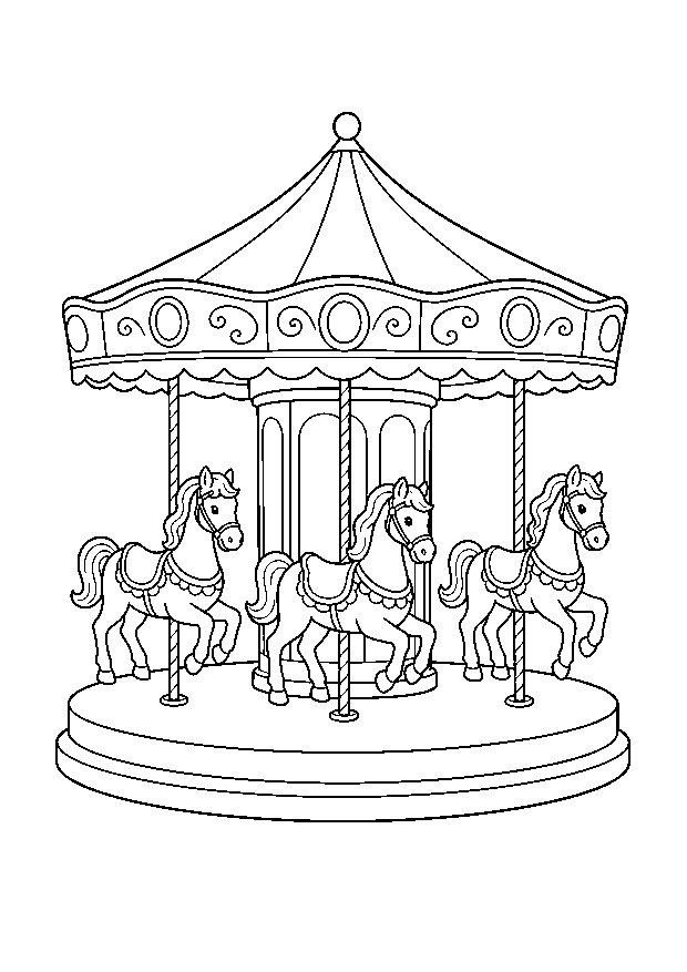 Karussell auf der Kirmes Ausmalbild — Ein klassisches Karussell mit Pferden dreht sich auf dem Festplatz.