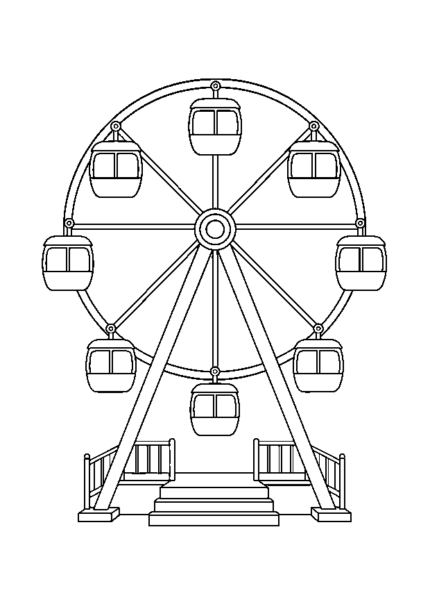 Großes Riesenrad Ausmalbild — Ein großes Riesenrad mit aufrechten Gondeln steht über dem Jahrmarkt.