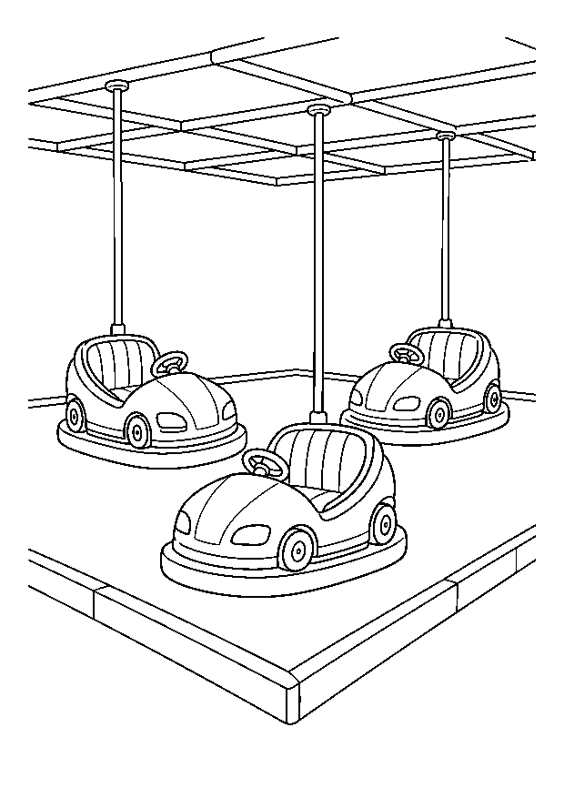 Autoscooter auf dem Rummel Ausmalbild — Drei verschiedene Autoscooter fahren unter dem Dach der Fahrbahn.