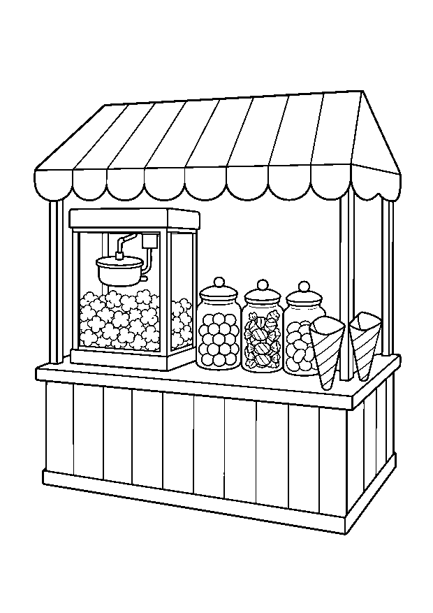 Popcorn- und Süßwarenstand Ausmalbild — Ein fröhlicher Kirmesstand zeigt Popcorn und Süßigkeiten ohne Beschriftung.