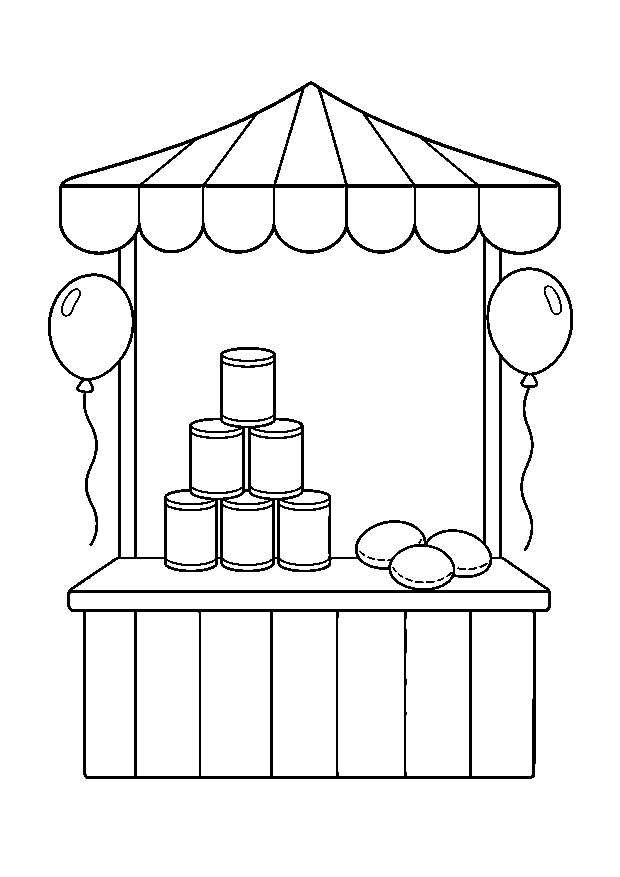 Dosenwerfen Ausmalbild für Kinder — Sechs Dosen stehen als Pyramide für das Wurfspiel bereit.