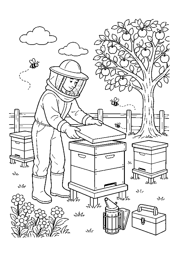 Imkerin im Obstgarten — Eine Imkerin kontrolliert Bienenstöcke unter einem Apfelbaum mit Smoker und Werkzeugkiste.