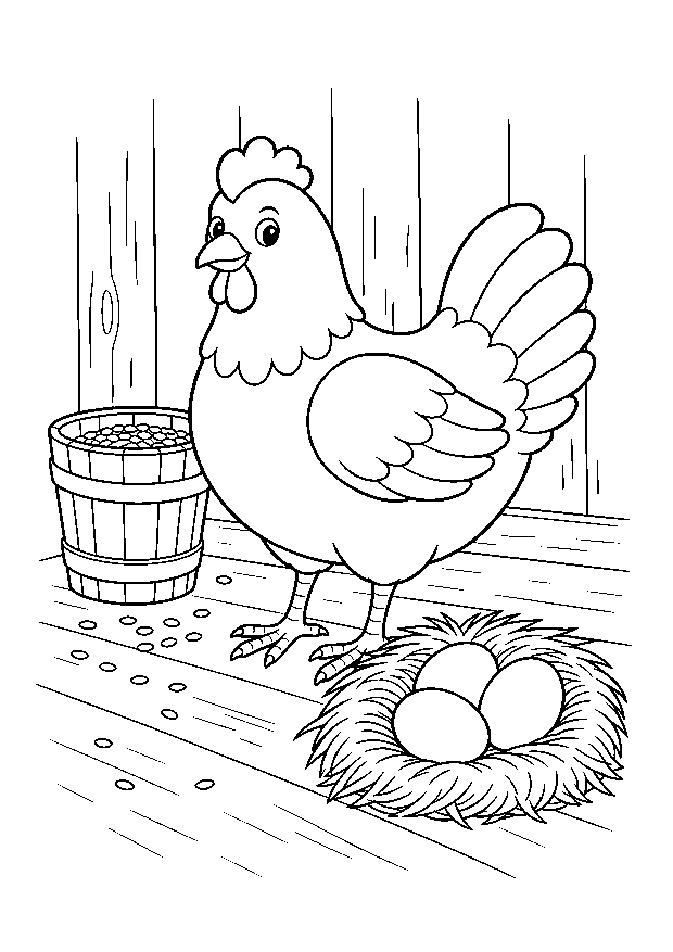 Henne mit Eiern — Eine Henne sitzt aufmerksam neben ihrem Nest mit Eiern.