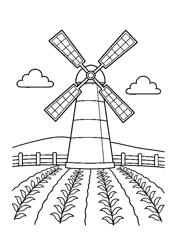 Windmühle über den Feldern — Eine vierflügelige Windmühle ragt über ordentlichen Pflanzenreihen auf.