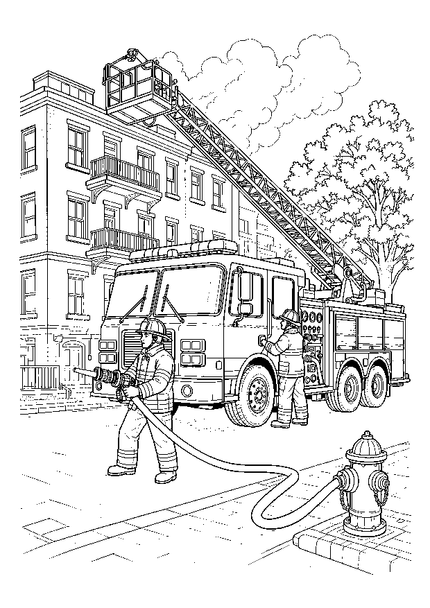 Feuerwehr- und Rettungs-Ausmalbilder: Drehleiter-Einsatz in der Stadt