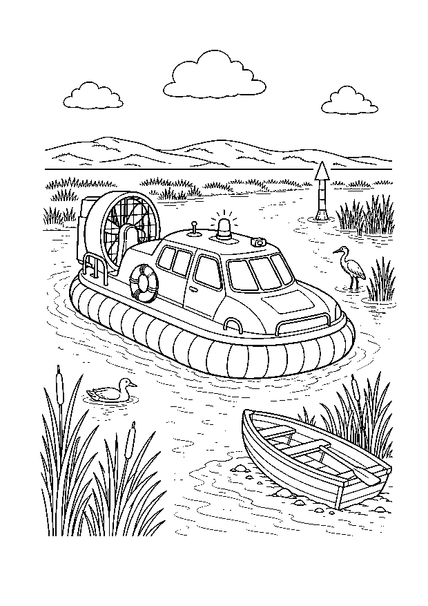 Seenotrettung im Schilf — Ein Rettungs-Luftkissenboot fährt zwischen Schilf, Boje, Wasservögeln und einem kleinen Ruderboot.