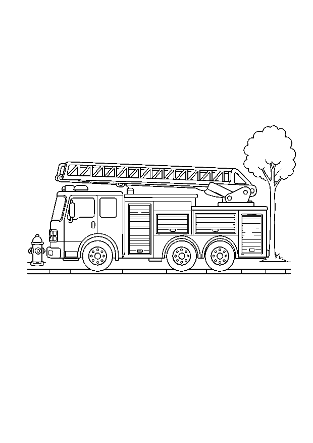 Feuerwehr-Drehleiter — Ein langer Leiterwagen steht mit gefalteter Drehleiter neben Hydrant und Baum.