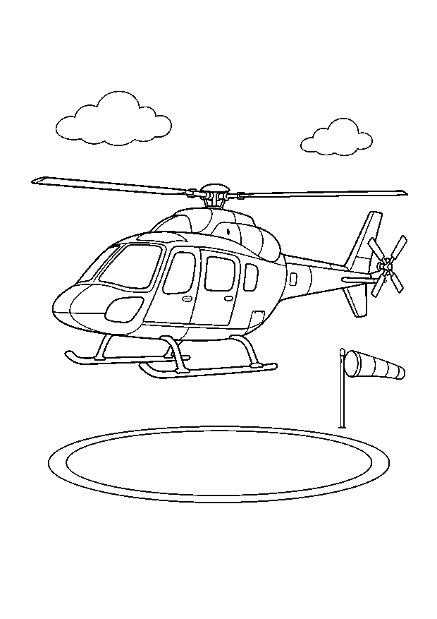 Rettungshubschrauber über dem Landeplatz — Ein Rettungshubschrauber schwebt über einem freien Landeplatz neben Windsack und Wolken.