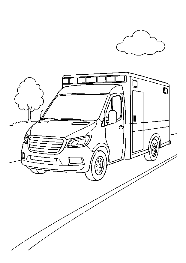 Krankenwagen auf der Straße — Ein moderner Krankenwagen fährt auf einer ruhigen Straße an Baum und Wolke vorbei.