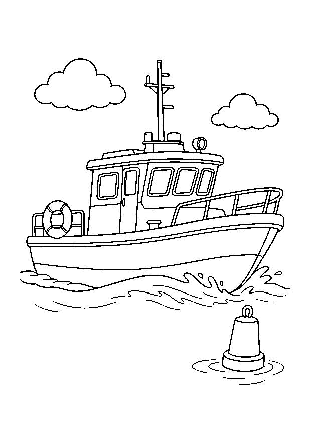 Rettungsboot auf dem Meer — Ein Küsten-Rettungsboot fährt über eine sanfte Welle an einer Boje vorbei.