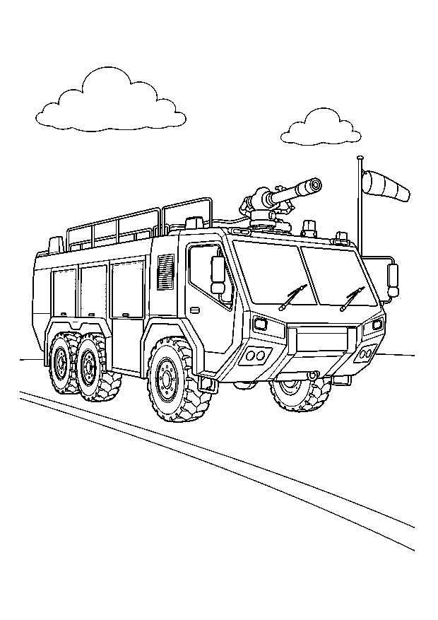 Flughafen-Feuerwehrfahrzeug — Ein großes Flughafen-Löschfahrzeug steht mit Wasserwerfer auf einer offenen Startbahn.