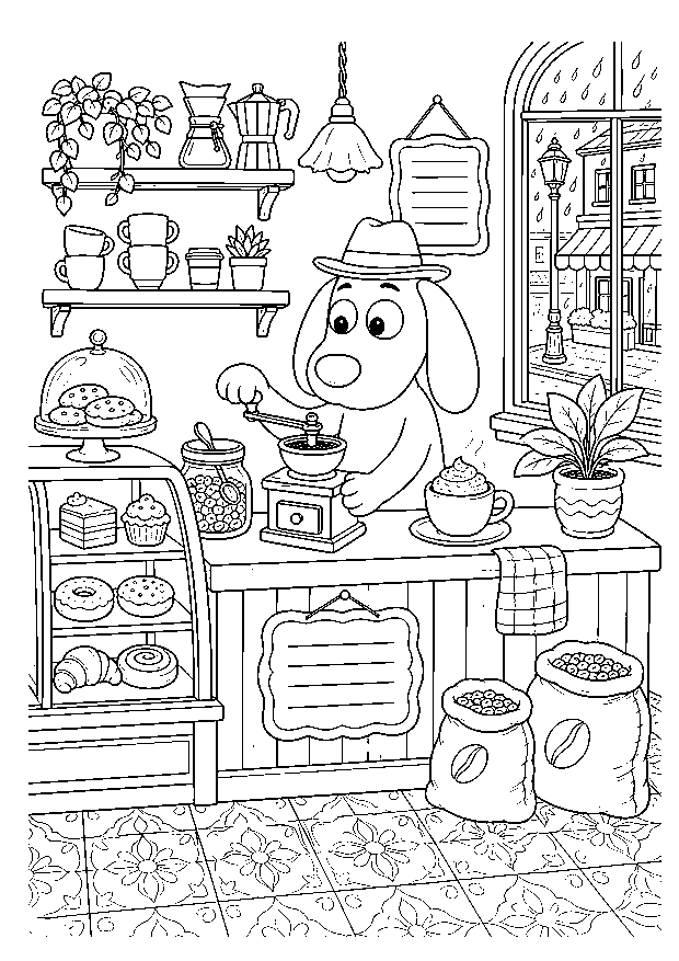 Herbert, der Kaffeehund: Herbert mahlt Kaffee im Regen