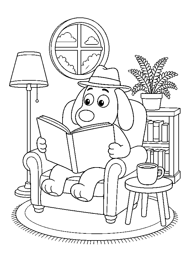 Herbert liest in der Kaffeebibliothek — Herbert liest mit einer Tasse Kaffee in einem gemütlichen Sessel zwischen Büchern und Pflanzen.