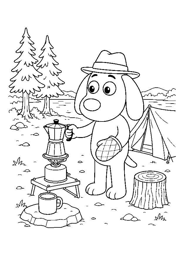 Herbert kocht Kaffee am Zelt — Herbert bereitet mit einer Mokkakanne ein Campingfrühstück vor seinem Zelt zu.