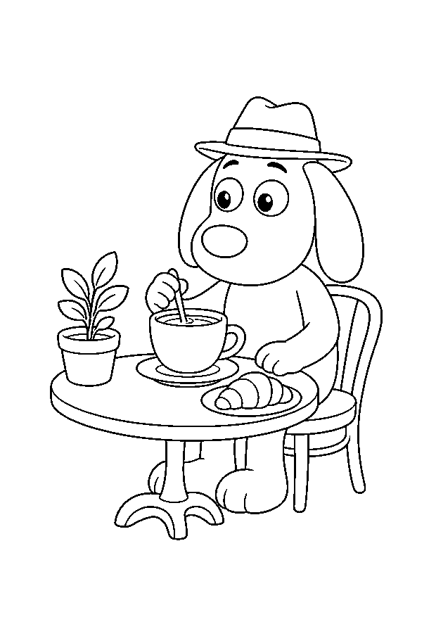 Herberts kleine Kaffeepause — Herbert rührt an einem kleinen Cafétisch in seiner Tasse.