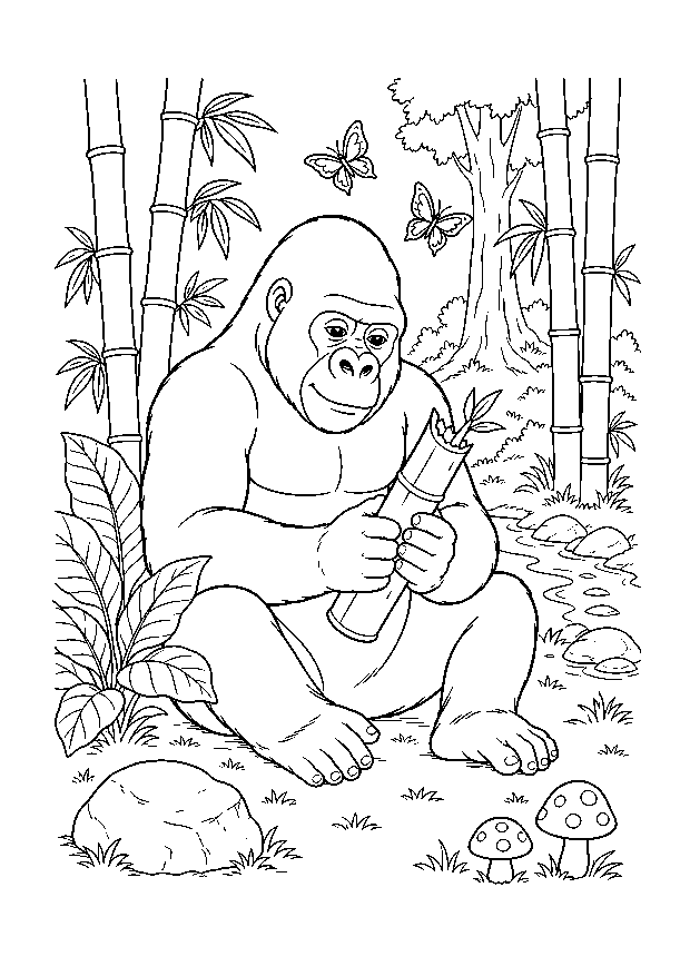 Gorilla mit Bambusspross — Ein ruhiger Gorilla sitzt mit einem Bambusspross zwischen Bambusstäben, Bachsteinen, Pilzen und Tropenpflanzen.