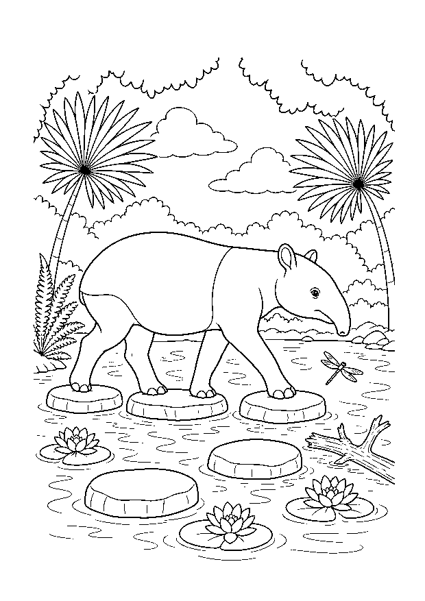Tapir auf den Trittsteinen — Ein Tapir überquert einen flachen Dschungelteich auf runden Steinen zwischen Palmen, Farnen und Libelle.