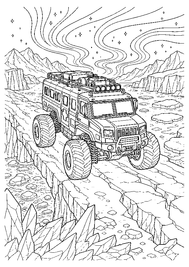 Monstertruck-Ausmalbilder: Arktis-Monstertruck unter Polarlichtern