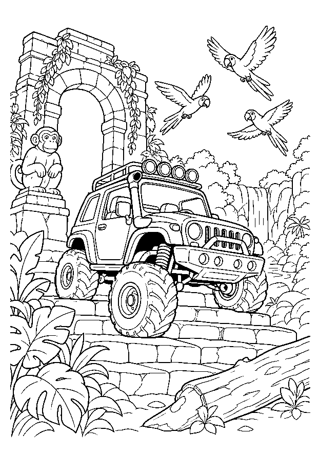 Dschungeltruck am alten Tempel — Ein Safari-Monstertruck fährt zwischen Lianen, Palmen und Tempelsteinen durch den Dschungel.
