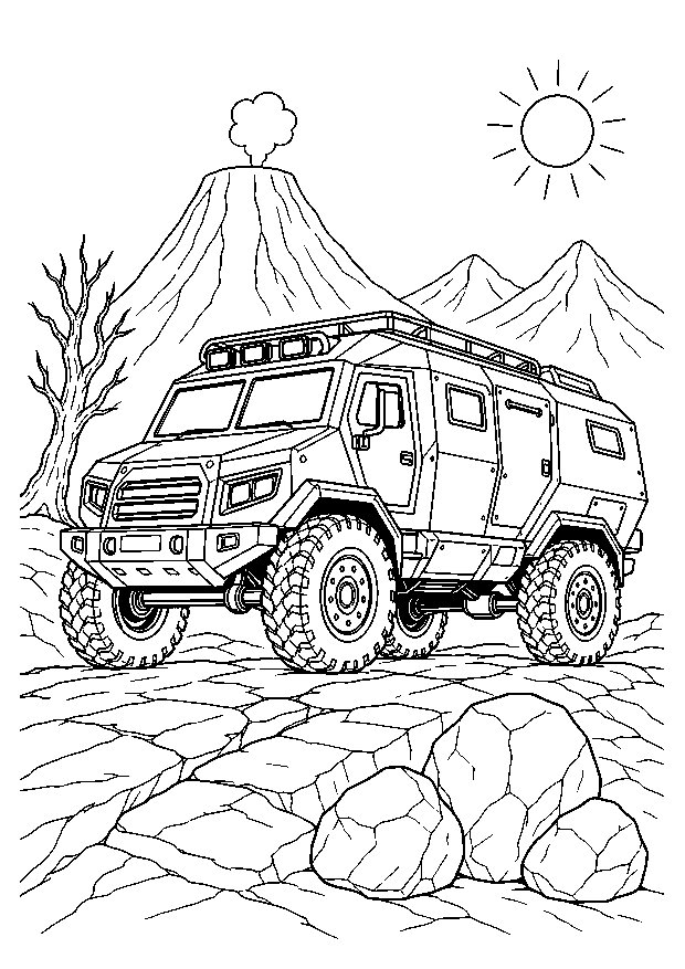 Vulkantruck auf dem Lavapfad — Ein gepanzerter Monstertruck rollt zwischen erkalteten Lavafelsen vor einem ruhenden Vulkan.