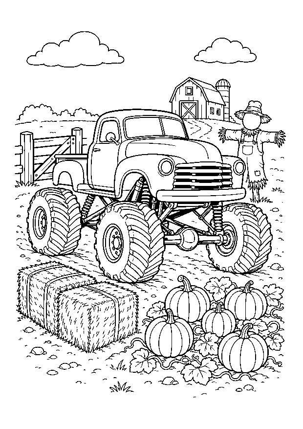 Monstertruck auf dem Kürbishof — Ein klassischer Pickup-Monstertruck fährt zwischen Kürbissen, Scheune und Heuballen über den Hof.
