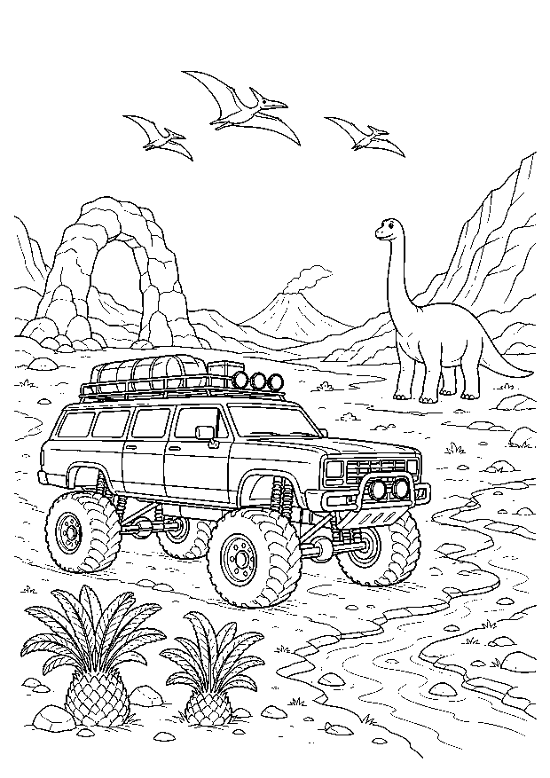 Expedition im Dinosauriertal — Ein Expeditions-Monstertruck folgt einer Felsroute zwischen Farnen, Fußspuren und Dinosauriern.
