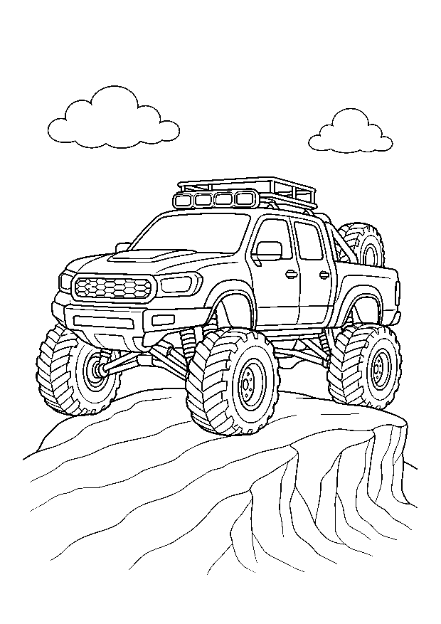 Monstertruck in der Arktis — Ein robuster Monstertruck erklimmt einen Eisrücken in einer klaren Arktis-Szene mit großen Ausmalflächen.