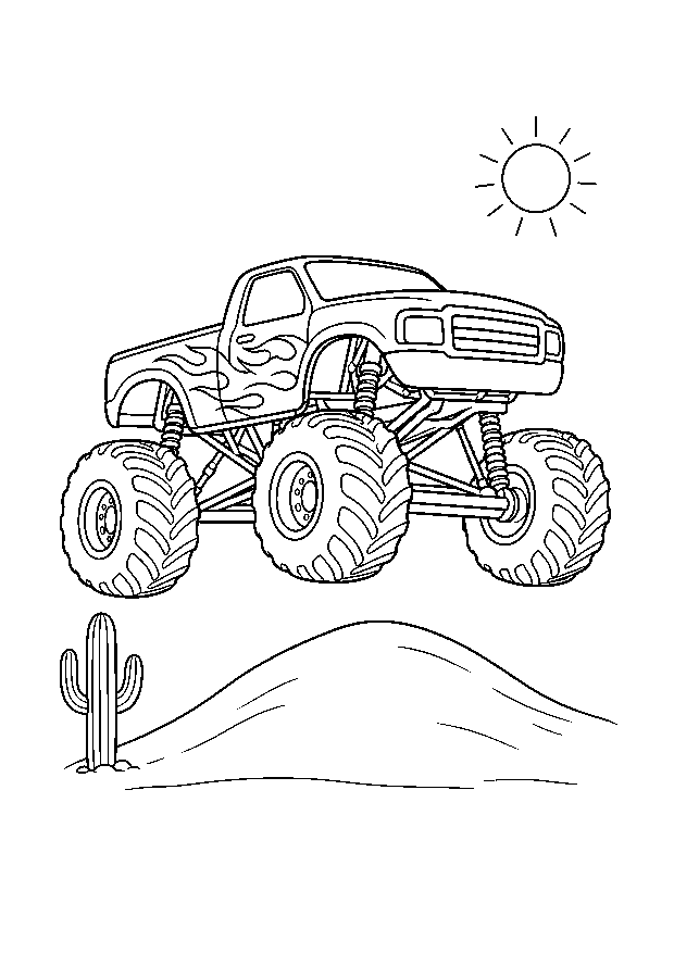 Monstertruck springt über eine Wüstendüne — Ein Wüsten-Monstertruck springt über eine niedrige Sanddüne neben einem Kaktus.