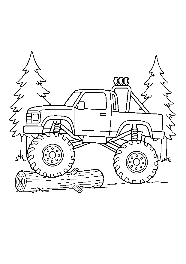 Monstertruck auf dem Waldweg — Ein kantiger Monstertruck fährt vorsichtig über einen Baumstamm zwischen zwei Tannen.