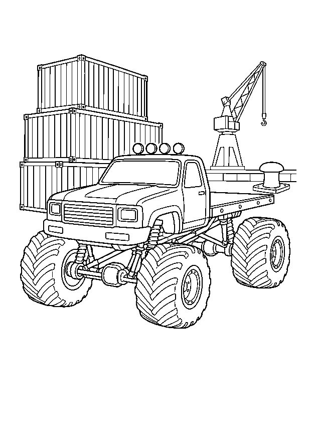 Monstertruck am Hafen — Ein Monstertruck mit Ladefläche rollt an Containern und einem Hafenkran vorbei.
