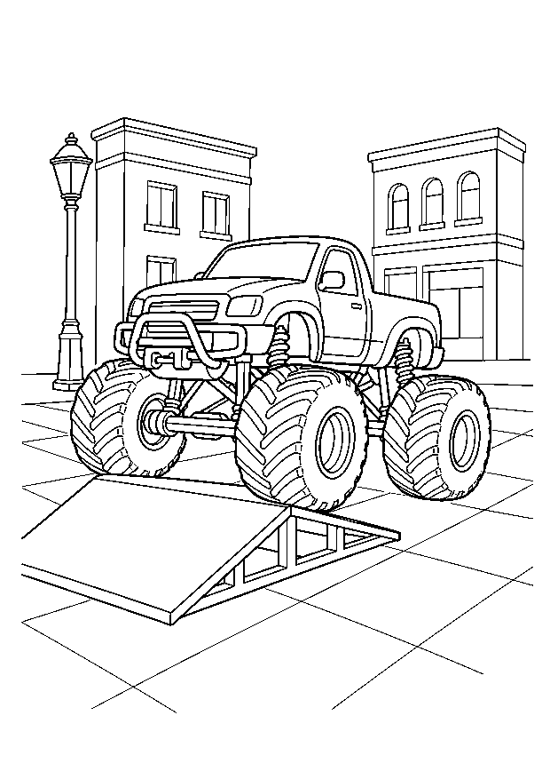 Monstertruck auf der Stadtrampe — Ein kompakter Monstertruck fährt auf einer ruhigen Stadtfläche über eine kleine Rampe.