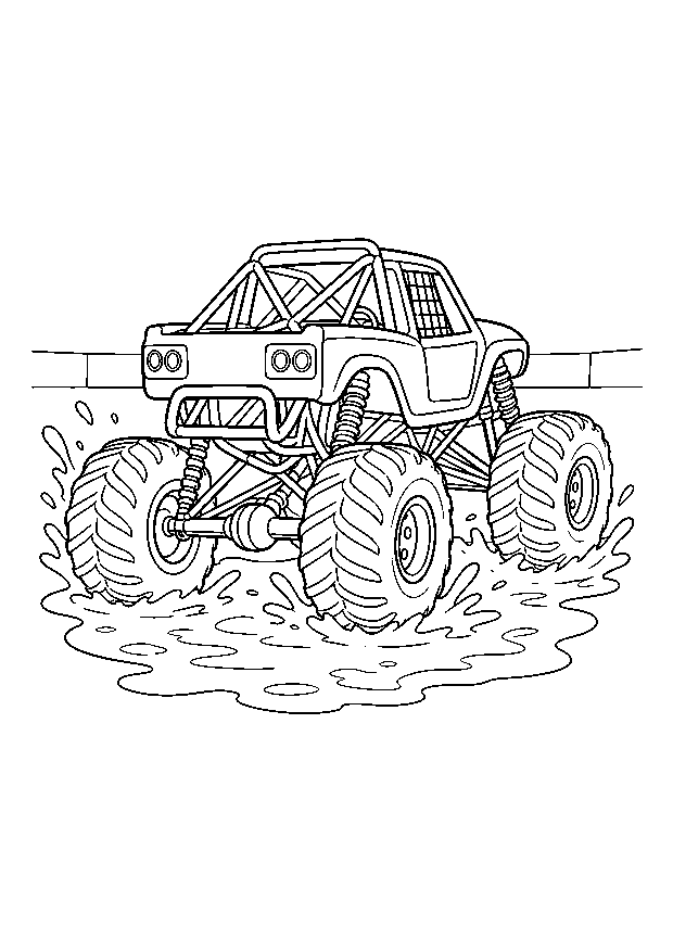 Monstertruck in der Schlamm-Arena — Ein Buggy-Monstertruck spritzt durch eine flache Pfütze in der Schlamm-Arena.