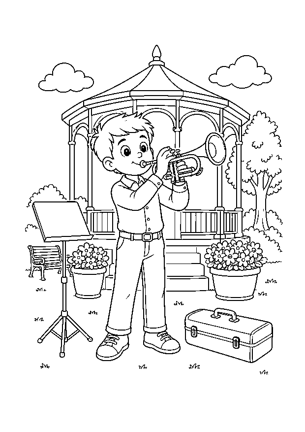Trompeter im Parkpavillon — Ein junger Trompeter spielt vor einem Pavillon zwischen Notenständer, Bank und Blumen.