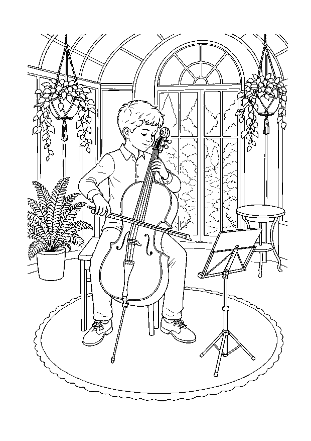 Cellist im Wintergarten — Ein Cellist spielt zwischen Rundfenster, Hängepflanzen, Hocker und Notenständer.
