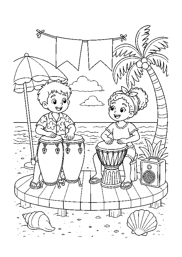 Trommelduo am Strand — Zwei Kinder spielen Congas und Djembe auf einer kleinen Strandbühne mit Lautsprecher und Palmen.