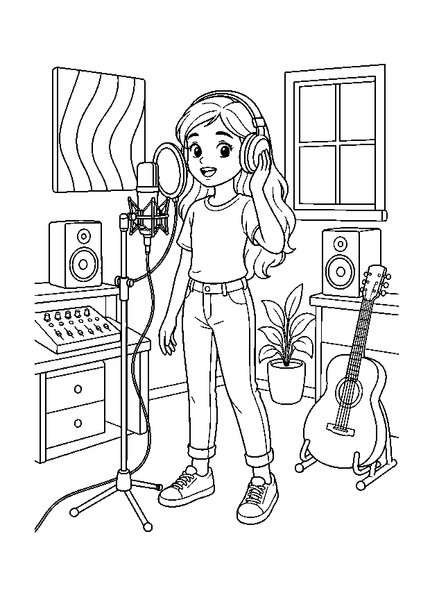Sängerin im Homestudio — Eine junge Sängerin nimmt zwischen Mikrofon, Mischpult, Lautsprechern und Gitarre einen Song auf.