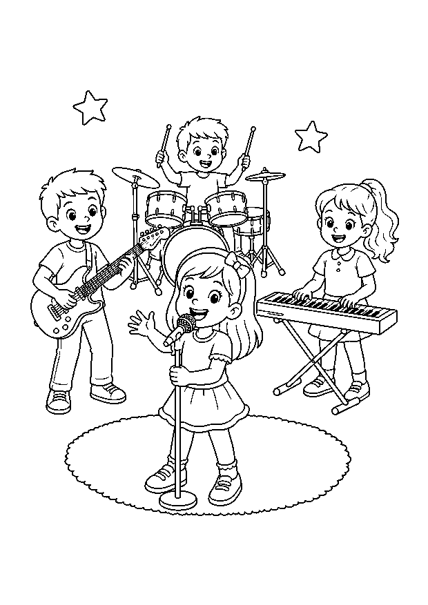 Kinderband bei der Probe — Vier Kinder proben gemeinsam mit Gesang, Gitarre, Keyboard und Schlagzeug.