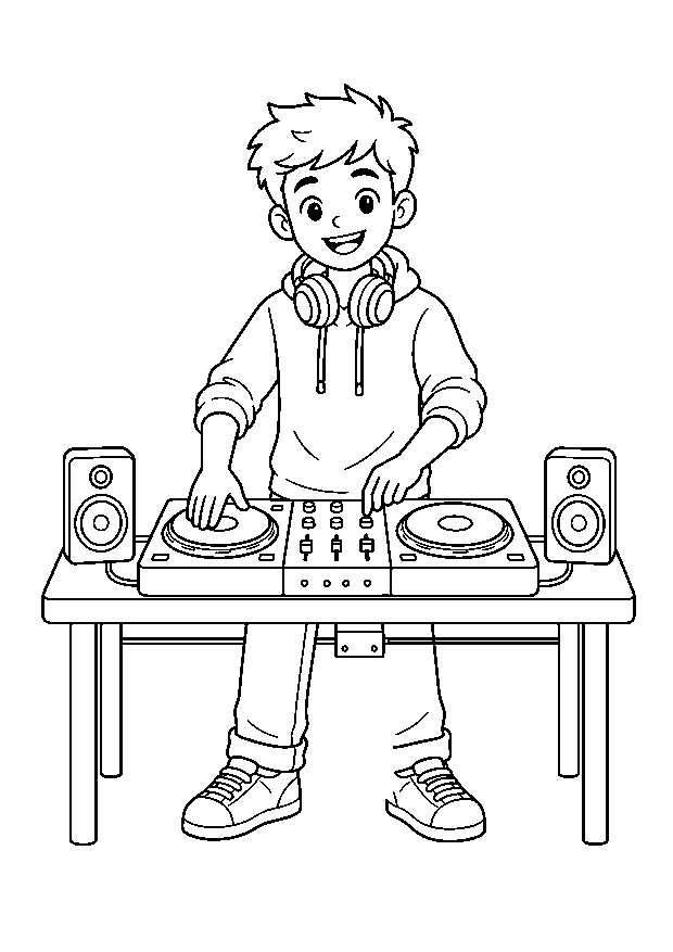 DJ am Mischpult — Ein junger DJ legt an einem kompakten Mischpult mit zwei Plattentellern auf.