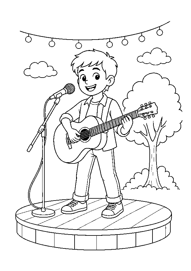 Sänger mit Gitarre im Park — Ein junger Sänger spielt bei einem kleinen Open-Air-Auftritt Akustikgitarre.